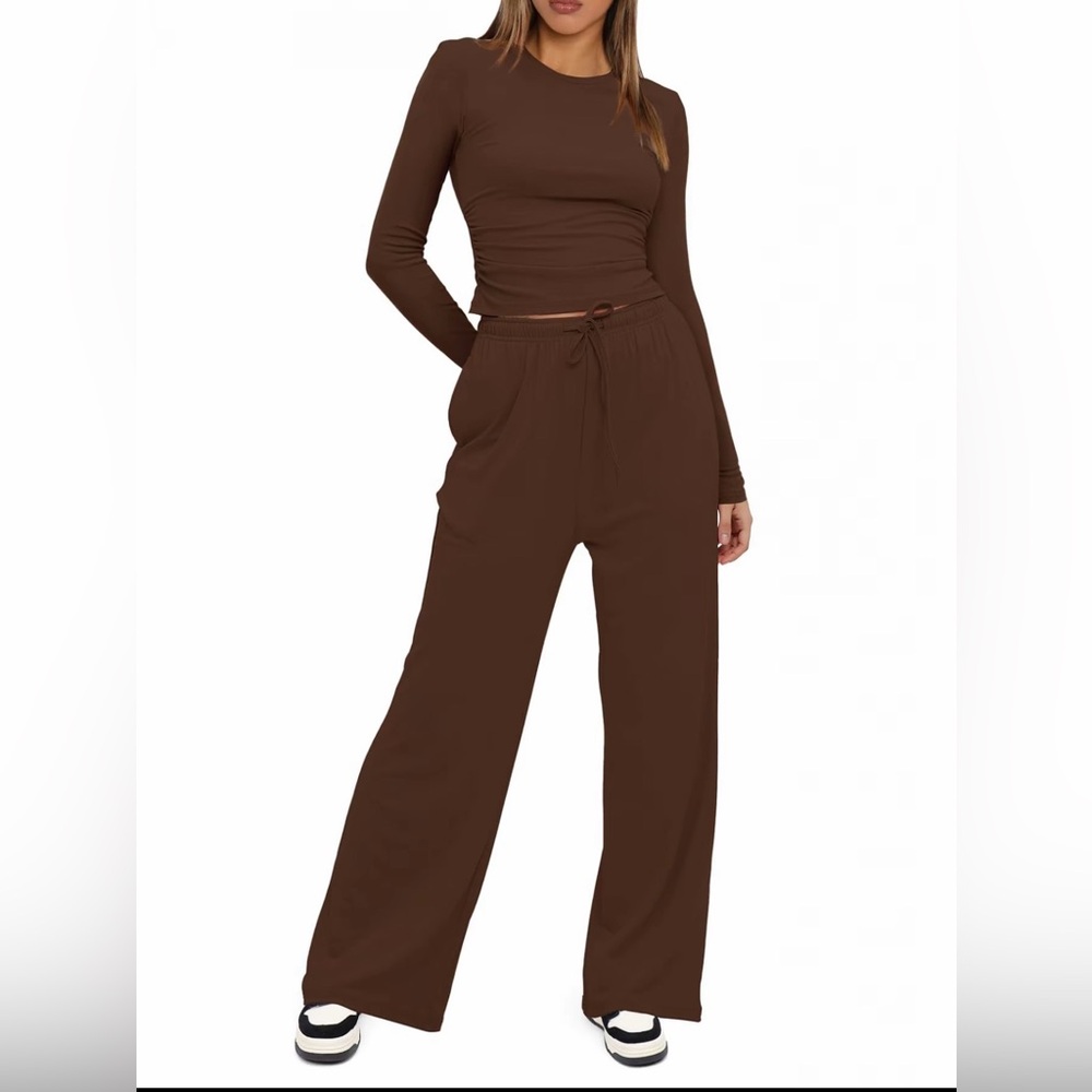 Lounge Pant and Top Set - Wide Leg Drawstring Pants and Ruched Top Set- Brown - Picture 3 of 4